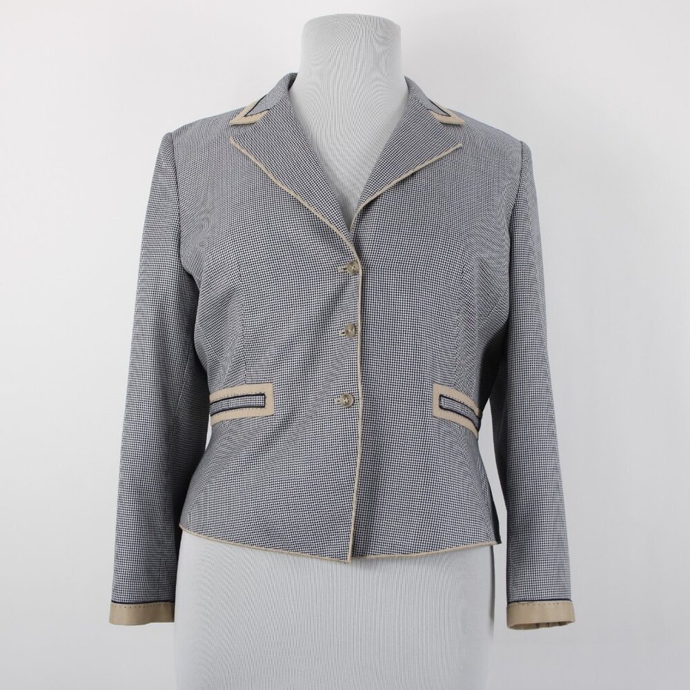 Carlisle Sz 16 Navy Blue White Brown Faux Pockets Lined Silk Wool Cotton Jacket - Picture 2 of 12